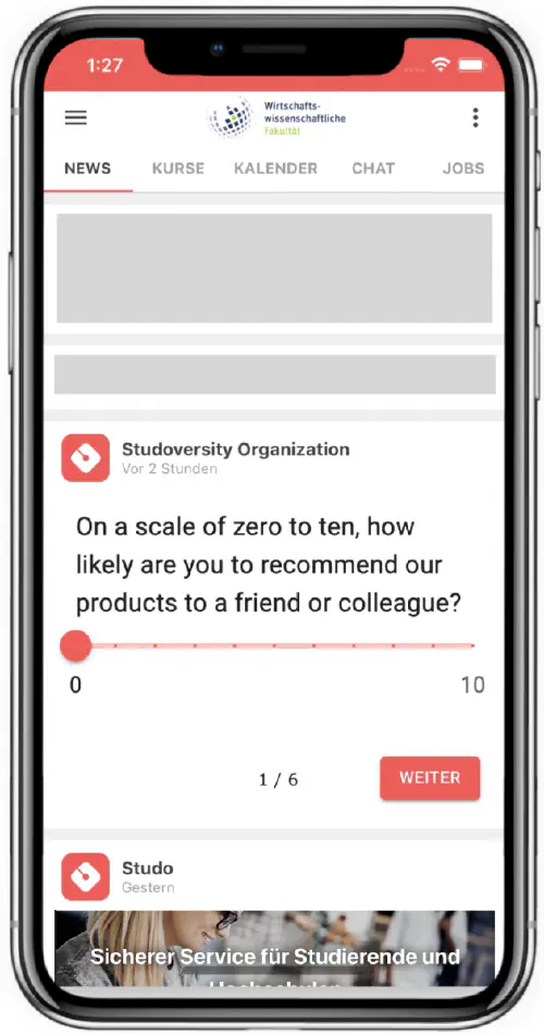 Survey inline in Studo app news feed