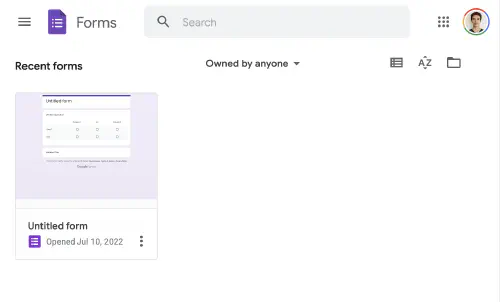Google Forms overview page