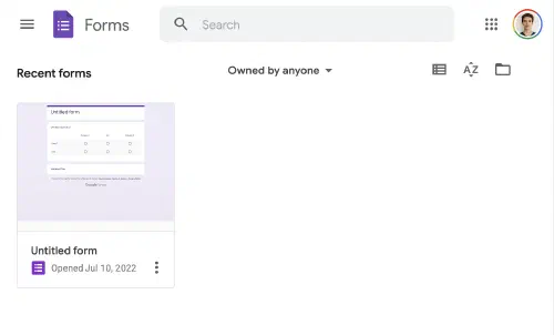 Google Forms overview page