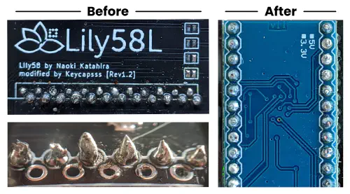 Comparison of solder joints at the beginning and end of the project. Progressed from quite bad and uneven to pretty even.