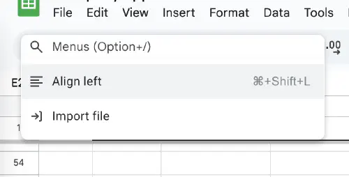 Screenshot of the menu search bar in Google sheets